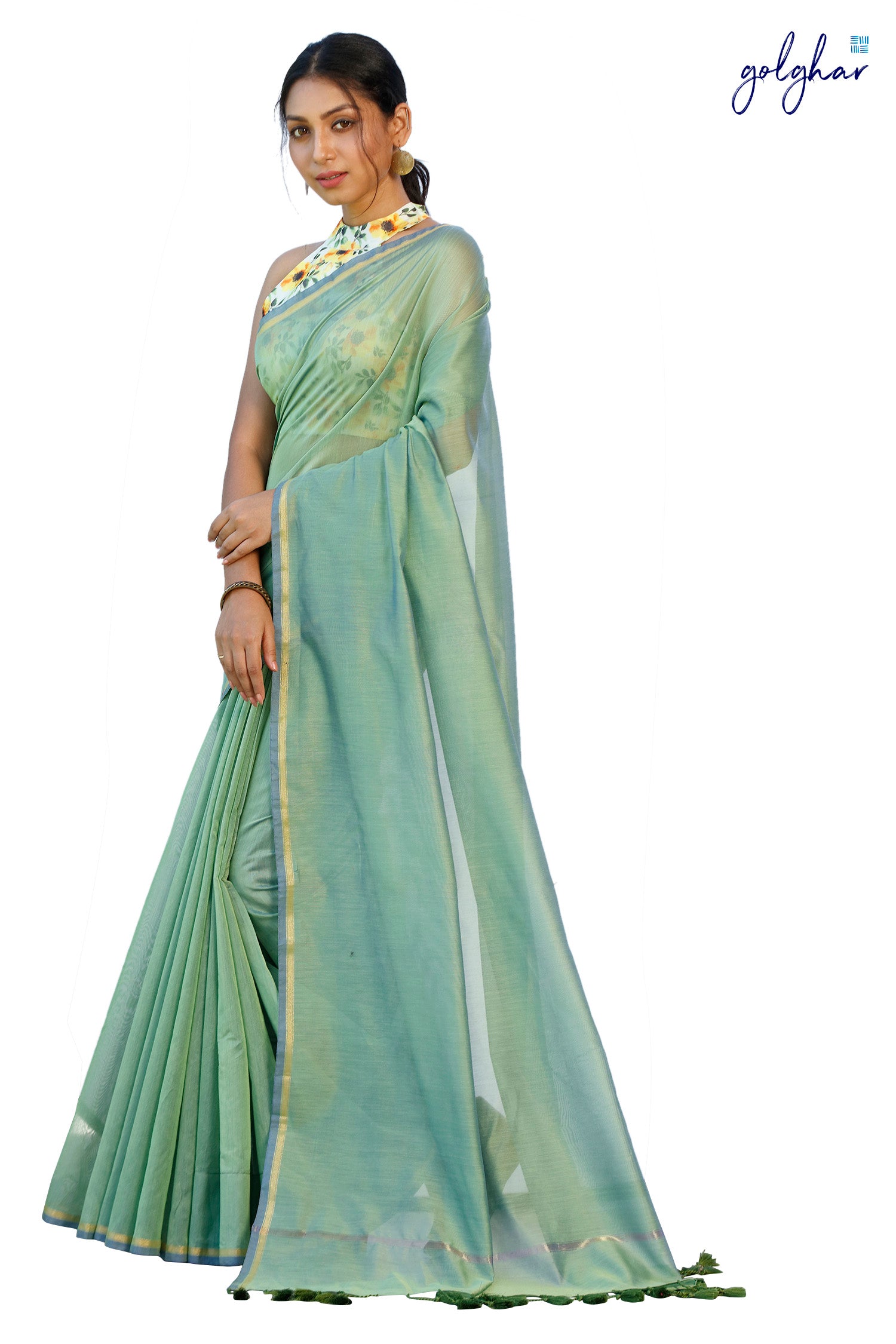 Plain Chanderi Plain Fancy Green saree in white background, side view