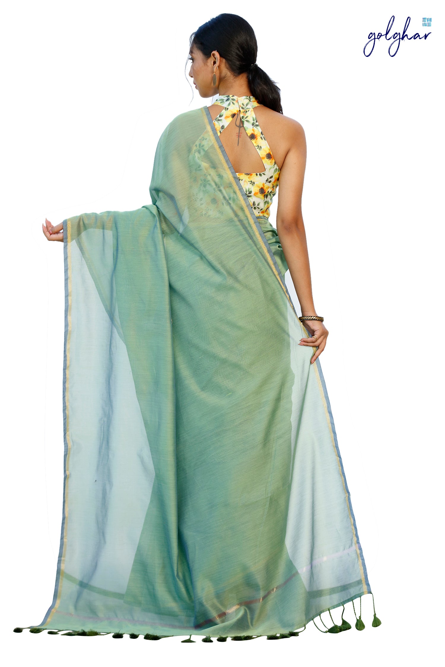 Plain Chanderi Plain Fancy Green saree in white background, back view