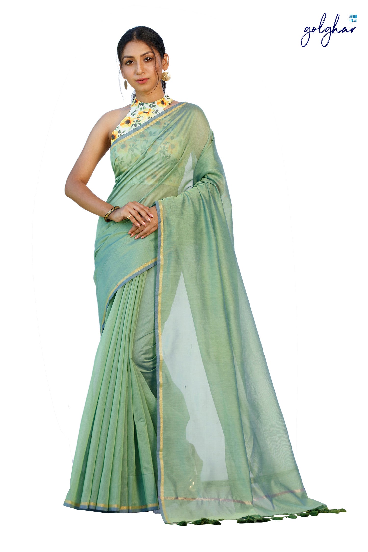 Plain Chanderi Plain Fancy Green saree in white background