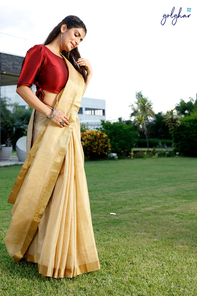 Contour & Blush  Fancy Linen Banarasi Saree with Shining Texture – golghar