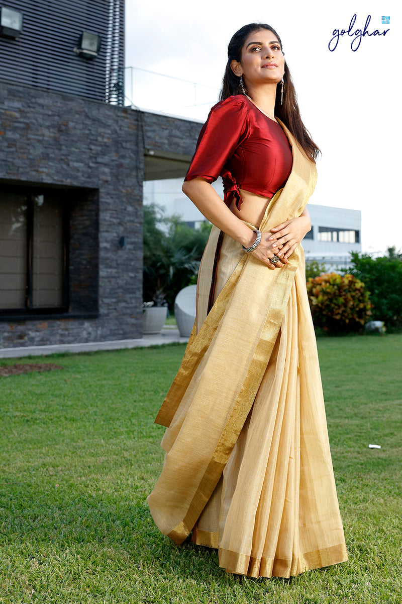Contour & Highlight  Fancy Linen Banarasi Saree with Shining Texture –  golghar