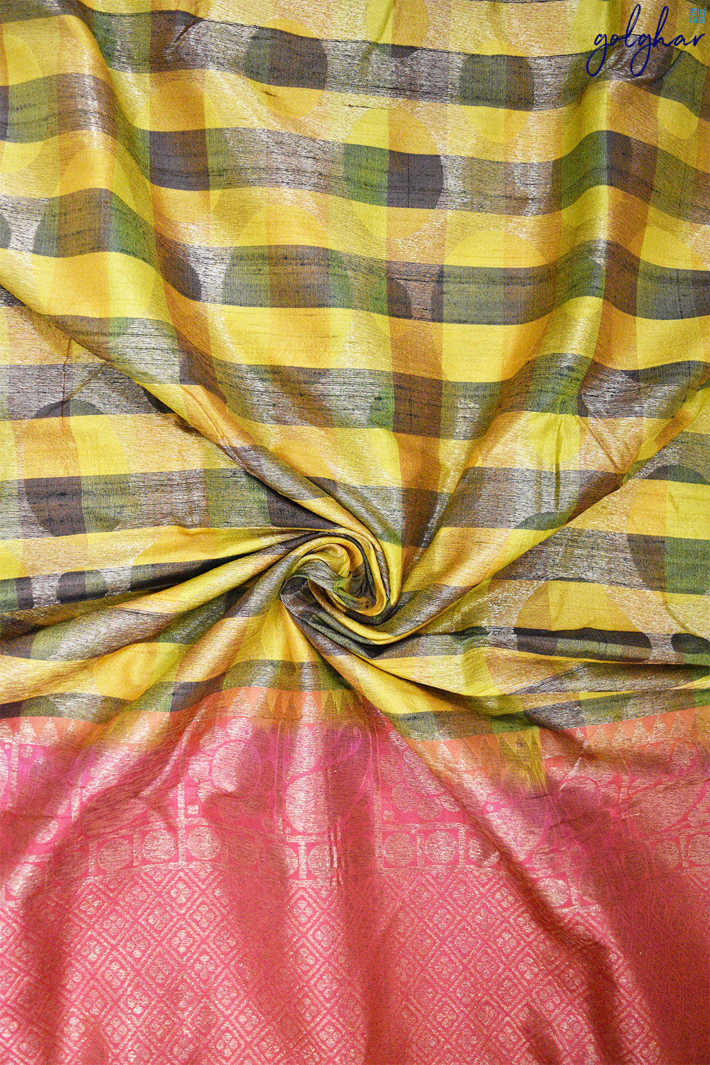 Pure Silk Mustard and Brown Check Weave Saree